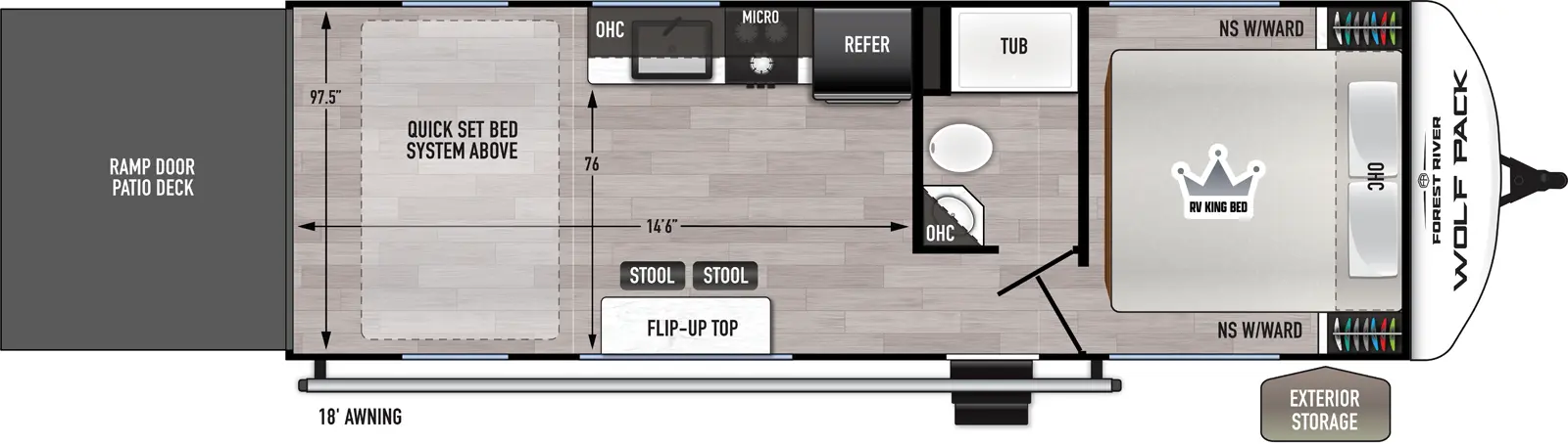 The Wolf Pack 24-14.5 floorplan is a toy hauler that has two entries and zero slide outs. Exterior features include: fiberglass exterior and 18' awning. Interiors features include: front bedroom.